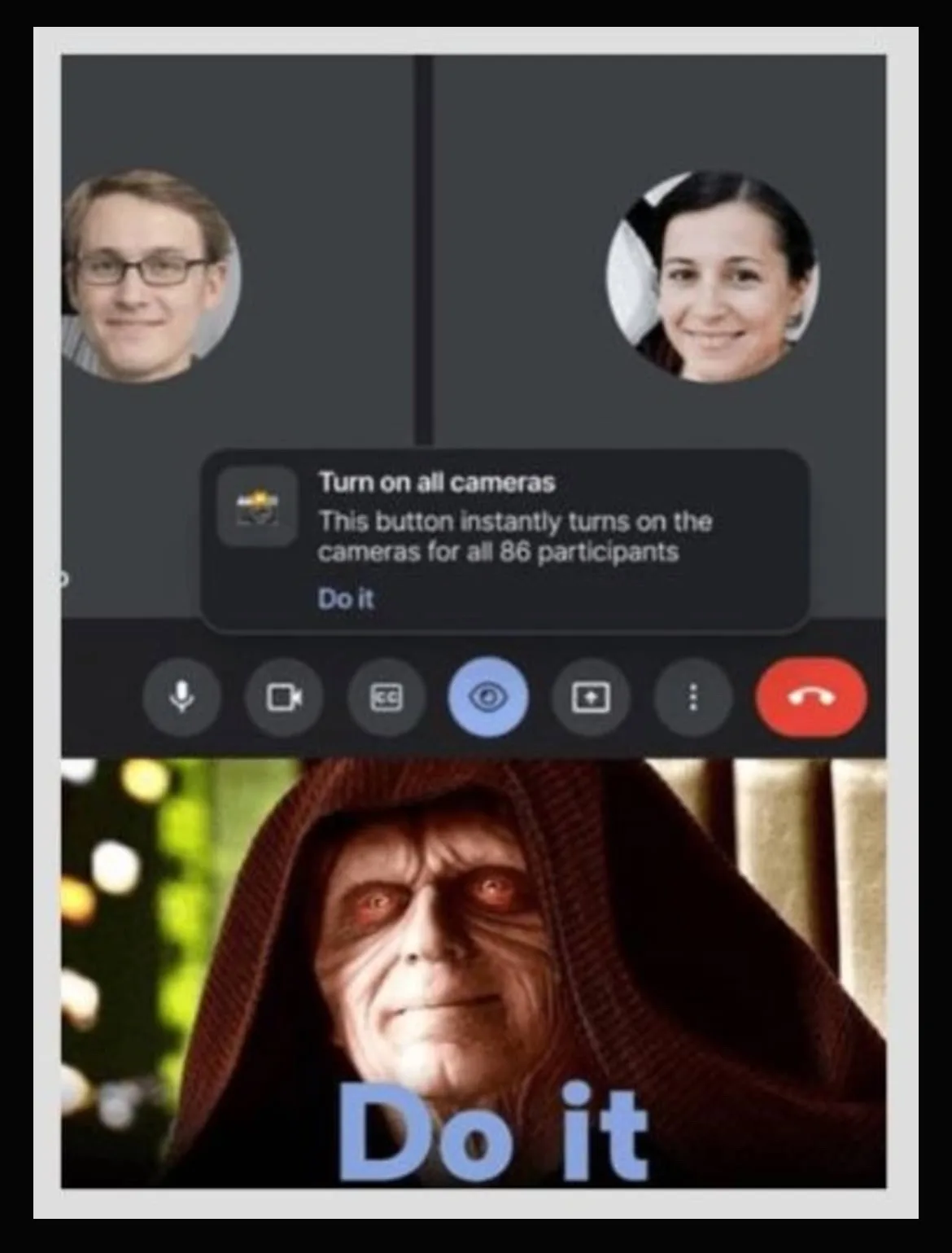 A split-screen image shows a Zoom call interface with two participants smiling, overlaid with a notification that says 'Turn…