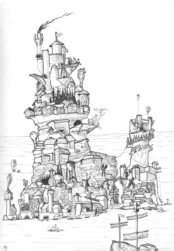 A black-and-white line drawing depicts a fantastical, vertically stacked cityscape built on a cliffside overlooking water…