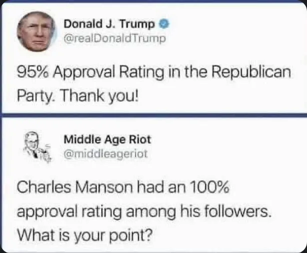 The image displays two Twitter posts. The top post is from Donald J. Trump's verified account, stating '95% Approval Rating…