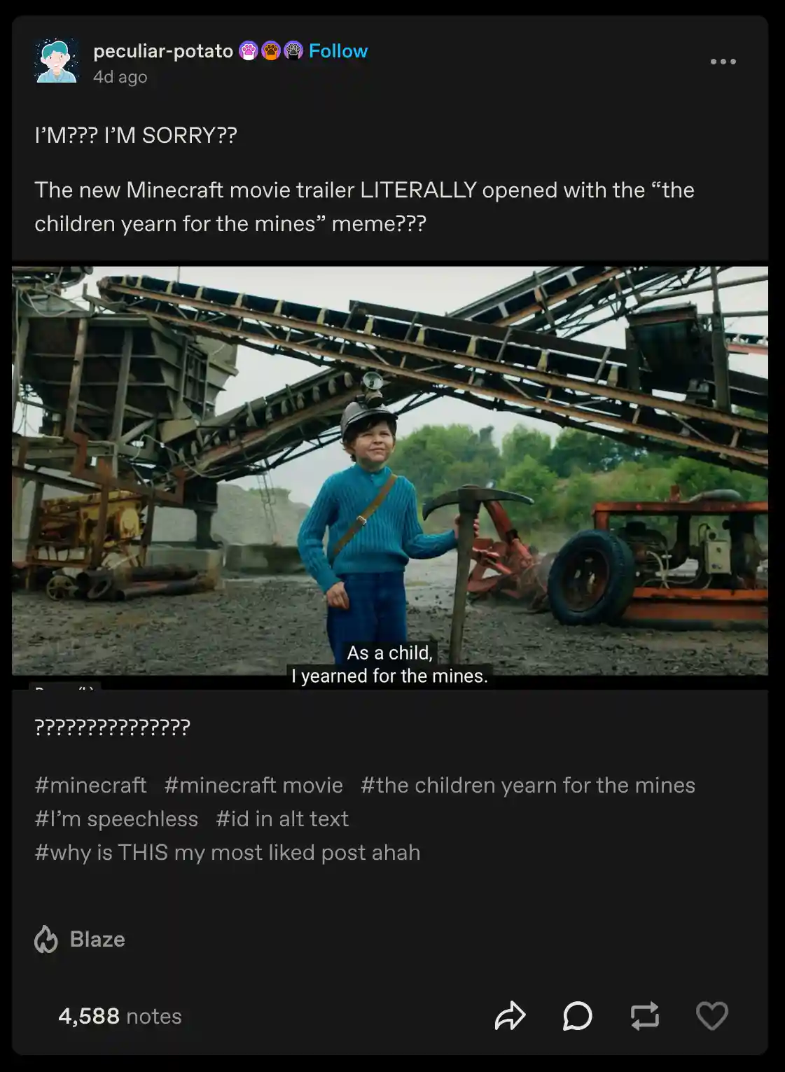 A young boy in a blue sweater and miner's helmet stands confidently holding a pickaxe in front of industrial mining…