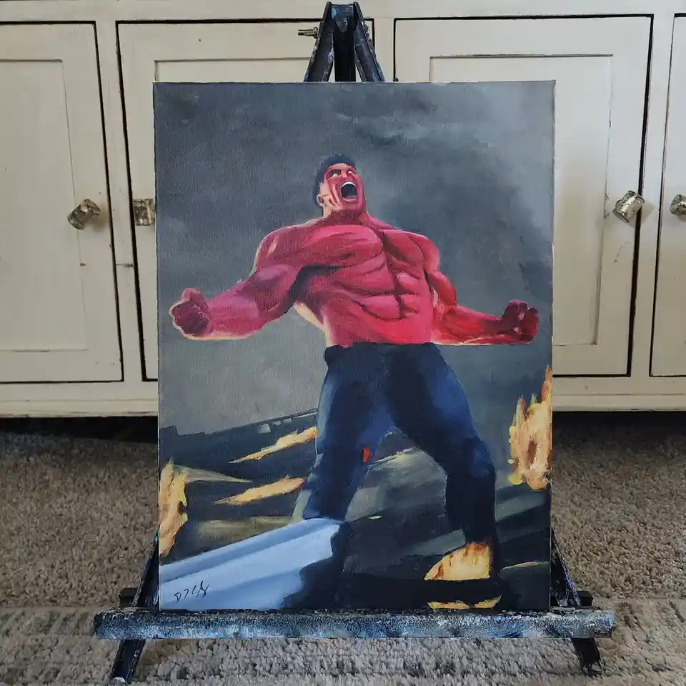 A painting of the Red Hulk, a muscular red-skinned superhero, standing with arms outstretched and mouth open in a roar, set…