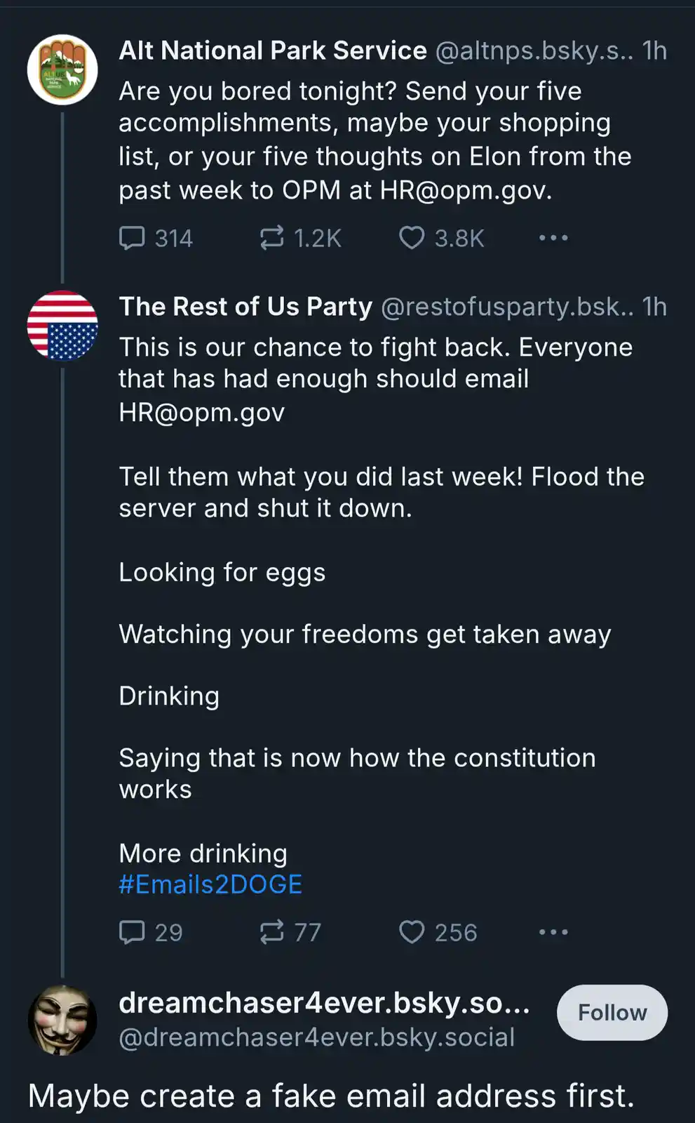 A screenshot of a Bluesky social media thread shows a user named 'Alt National Park Service' asking followers to send five…