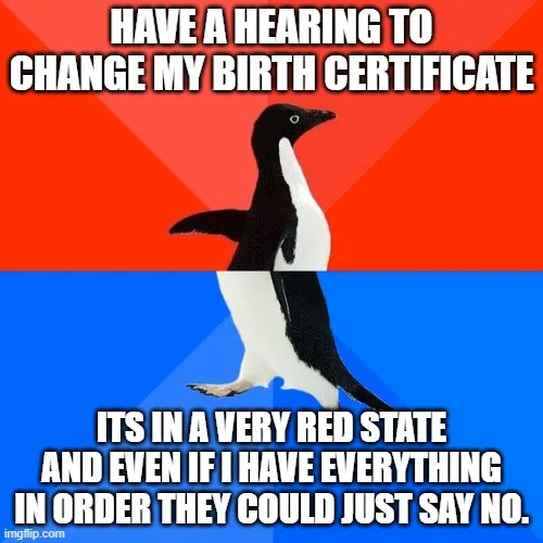 An image of a penguin standing against a red and blue background, with white text overlaid in two sections. The top text…
