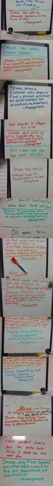 A whiteboard with multiple handwritten notes in red, blue, and green marker, listing humorous management directives to an…