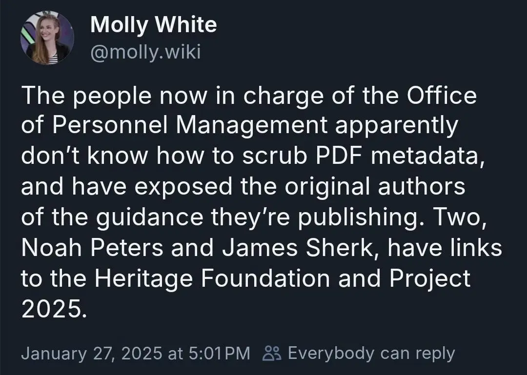 A screenshot of a tweet by Molly White (@molly.wiki) dated January 27, 2025, which states that the current leadership of the…