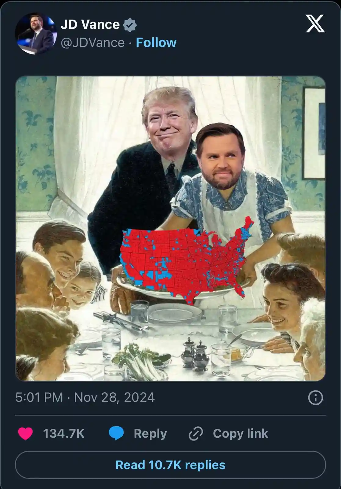 The image shows a digitally altered version of Norman Rockwell's 'The Thanksgiving Meal' painting, where the central figures…