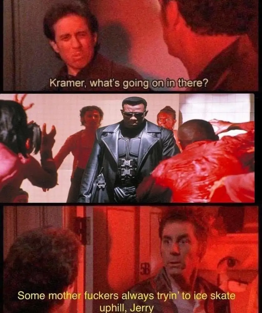 A three-panel meme from the TV show 'Seinfeld' showing Kramer asking what's happening, then a scene with a man in a black…