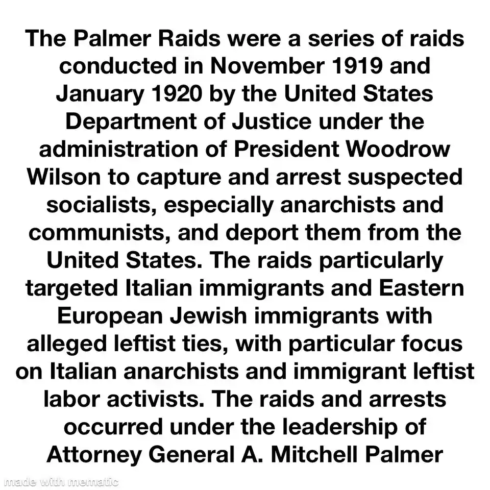 The image displays a plain white background with black text that is a factual historical description of the Palmer Raids…