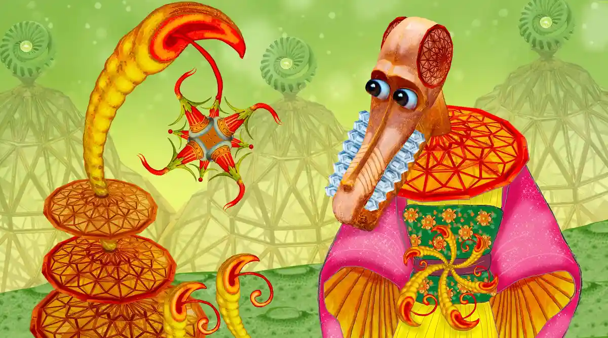 A cartoonish, long-nosed alien creature with large eyes and geometric-patterned clothing looks dismayed at a colorful…
