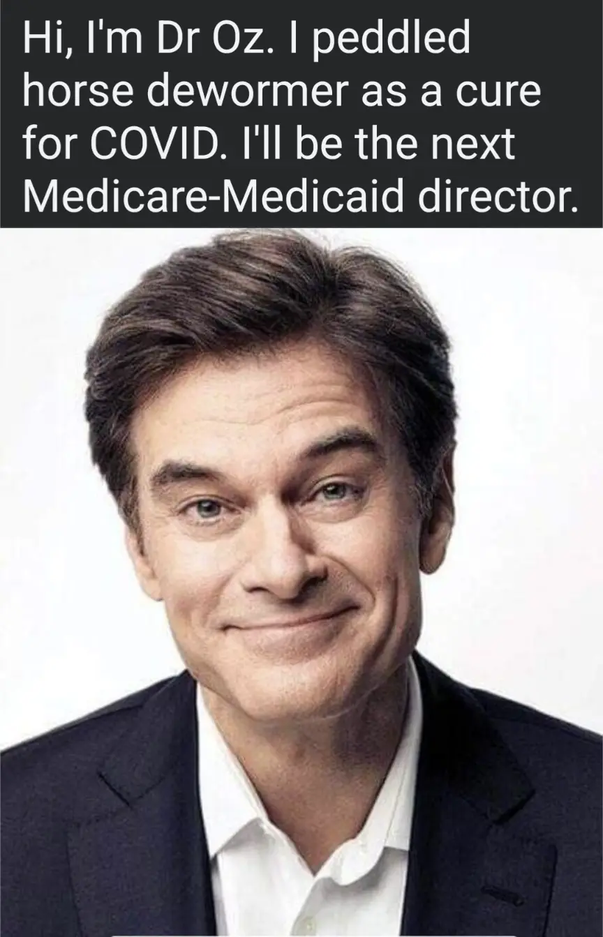 A headshot of Dr. Oz smiling while wearing a dark suit and white shirt, overlaid with white text on a black banner that…