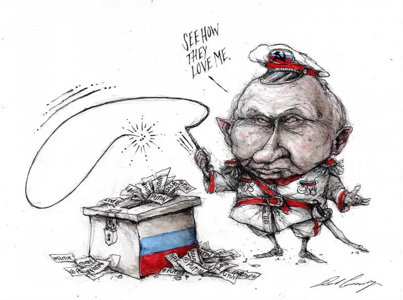 A cartoon caricature of Vladimir Putin in a military uniform with a red sash and cap, holding a whip that crackles as it…