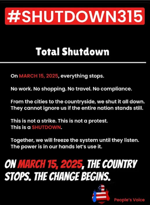 A black-background poster styled like a fictional protest announcement, featuring bold red and white text. It declares a…