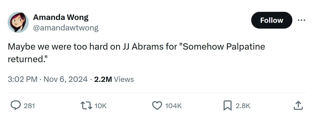 A screenshot of a tweet from Amanda Wong (@amandawtwong) showing her tweet text: 'Maybe we were too hard on JJ Abrams for…