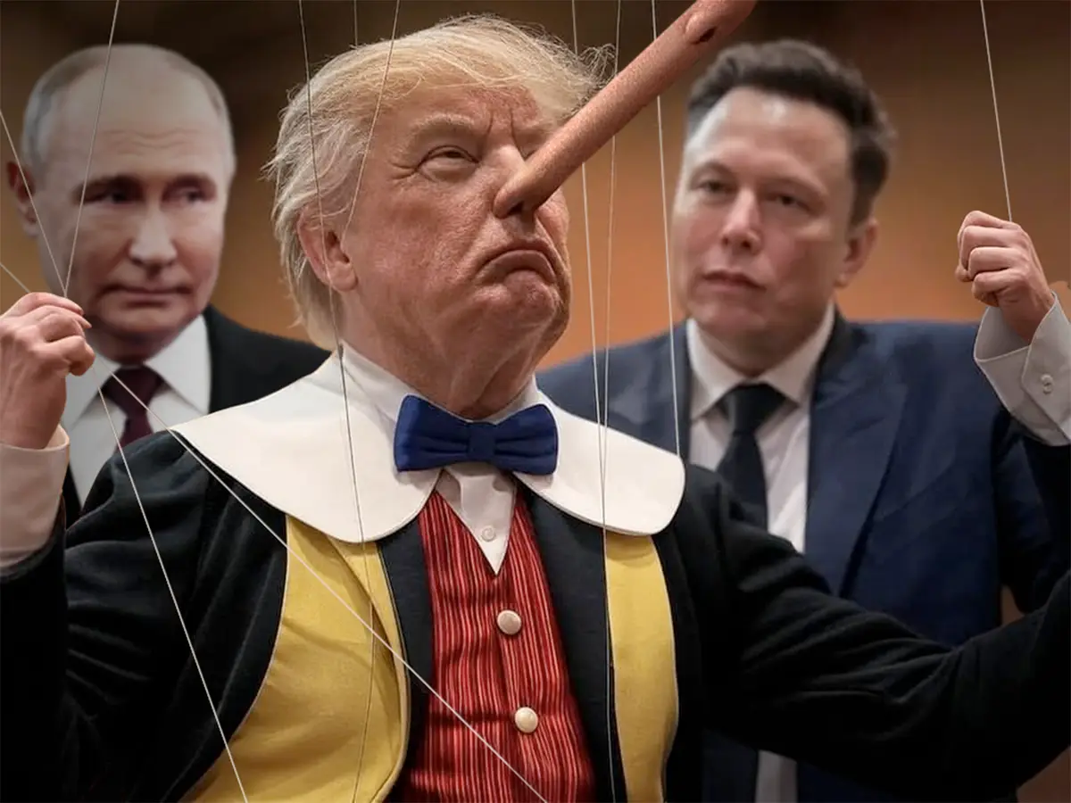 A manipulated image shows Donald Trump as a puppet with a long wooden nose, being controlled by strings held by Vladimir…