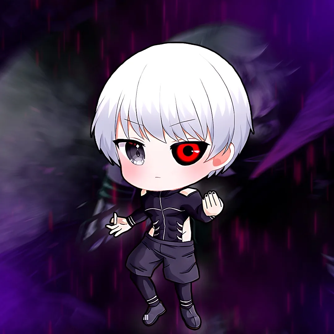 A chibi-style anime character with white hair and one red eye, one grey eye, wearing a black outfit, stands against a dark…