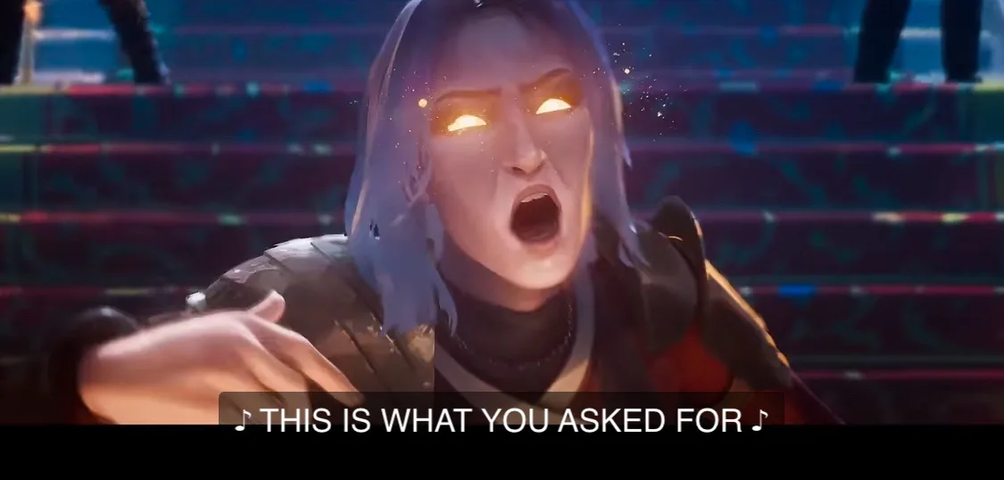 An animated character with glowing eyes and an open mouth, appearing to shout or scream, is shown in a dramatic scene with…
