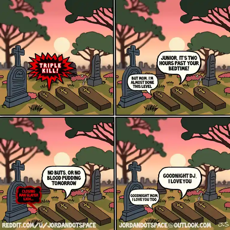 A four-panel comic set in a graveyard at sunset, where a child character (Junior) is playing a video game by killing three…