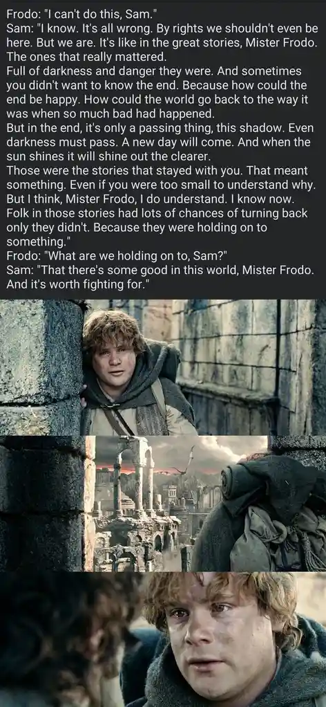 The image is a three-panel meme featuring Frodo Baggins from 'The Lord of the Rings' looking emotionally overwhelmed, then…