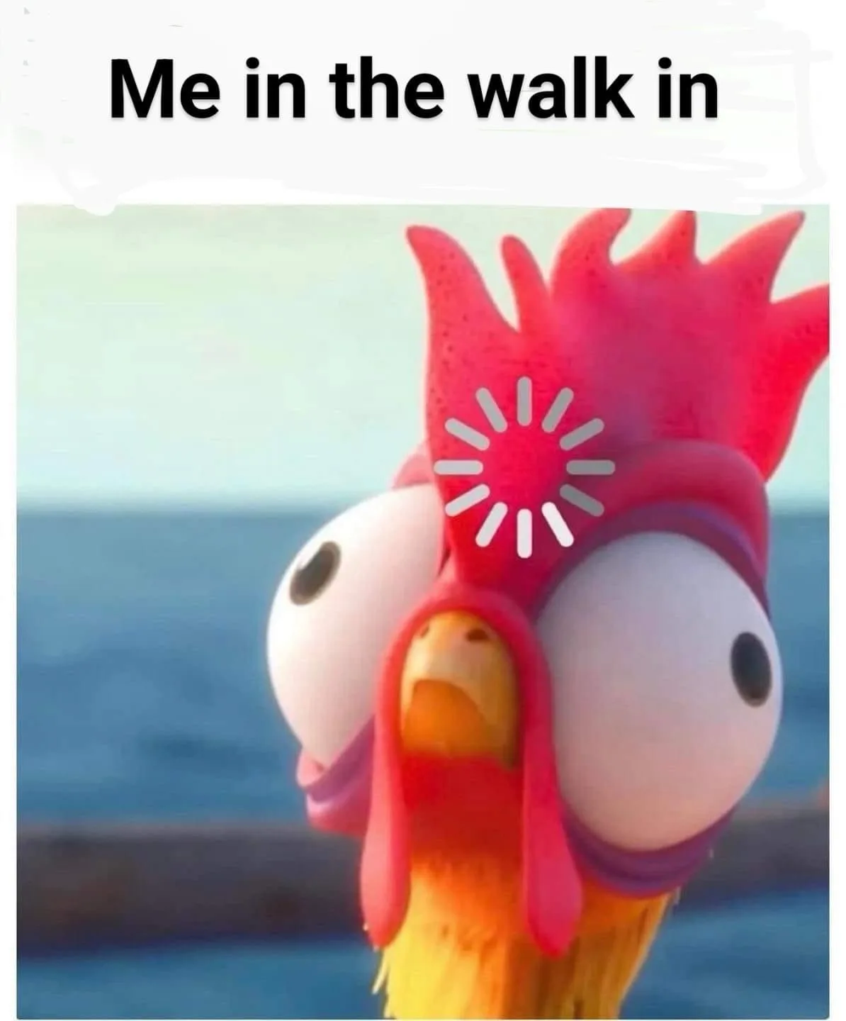 A cartoon rooster with large, bulging eyes and a red comb has a white loading spinner graphic superimposed over its…