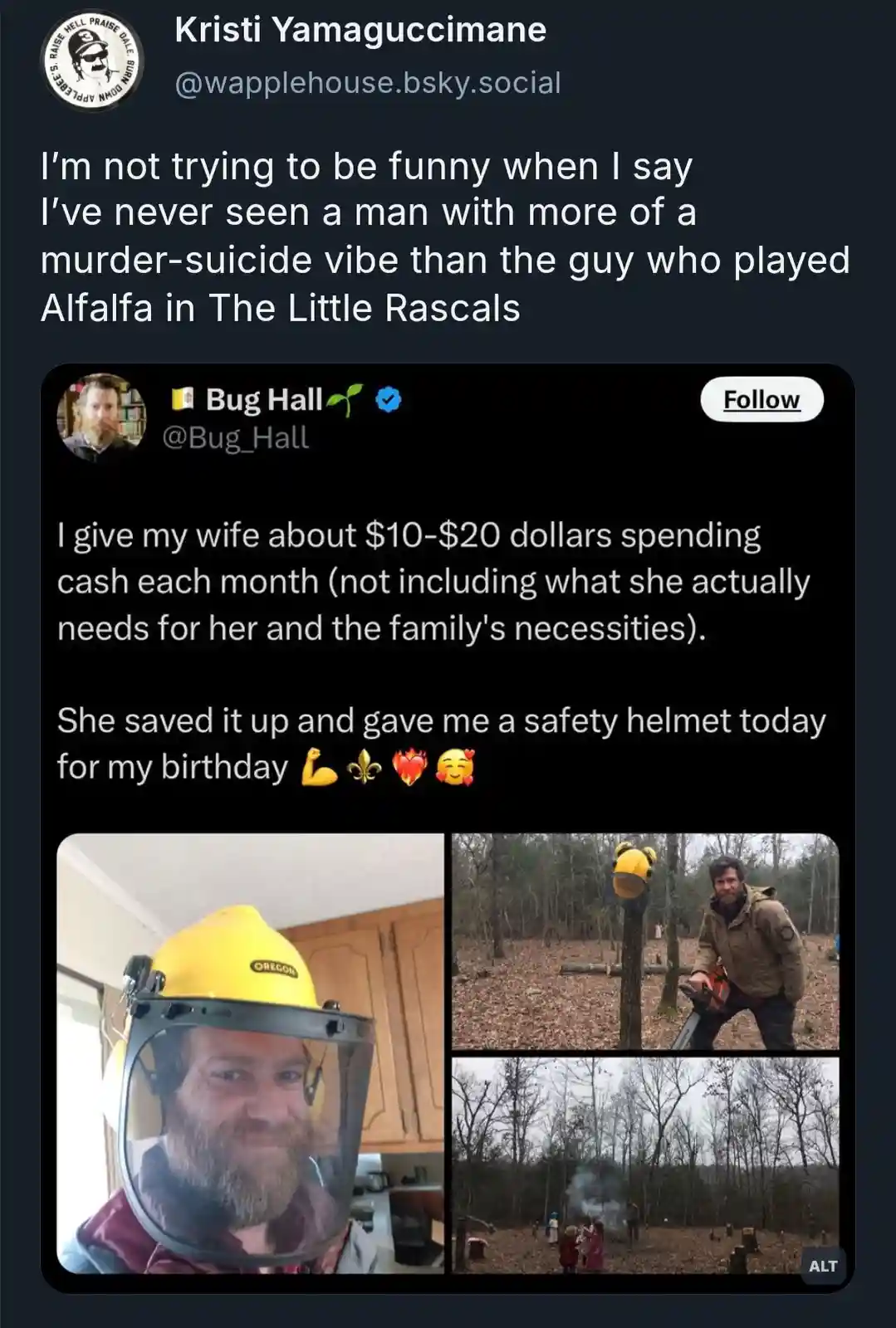 A screenshot of a tweet by Bug Hall showing three photos of a bearded man wearing a yellow chainsaw safety helmet indoors…