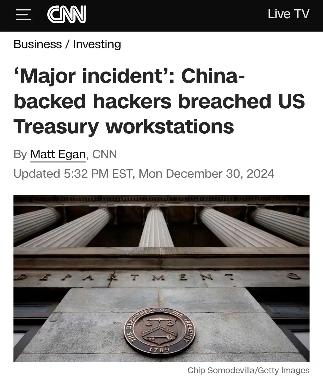 A screenshot of a CNN news article with the headline 'Major incident': China-backed hackers breached US Treasury…