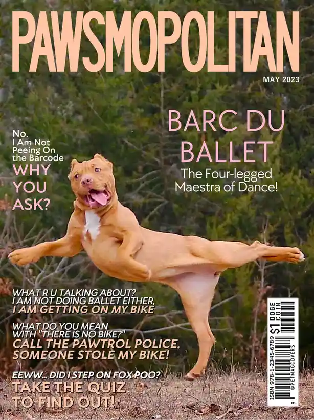 A tan pit bull dog is captured mid-air in a ballet pose, one leg extended and arms outstretched, against a forest…