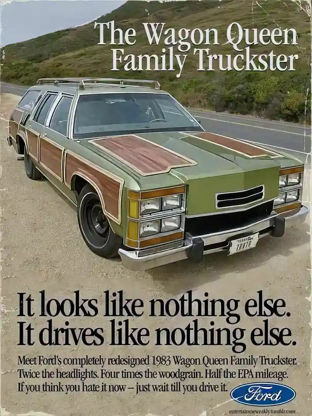 A vintage 1983 Ford Wagon Queen Family Truckster, a green station wagon with prominent woodgrain paneling, is shown on a…