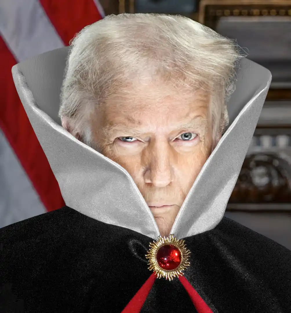 A digitally altered image shows a man with white hair and a stern expression, wearing a black cape with a large silver ruff…
