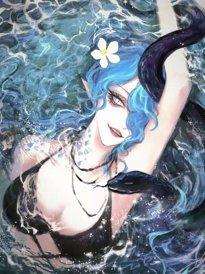 An anime-style illustration of a woman with blue hair and pointed ears submerged in water, adorned with a white flower and…