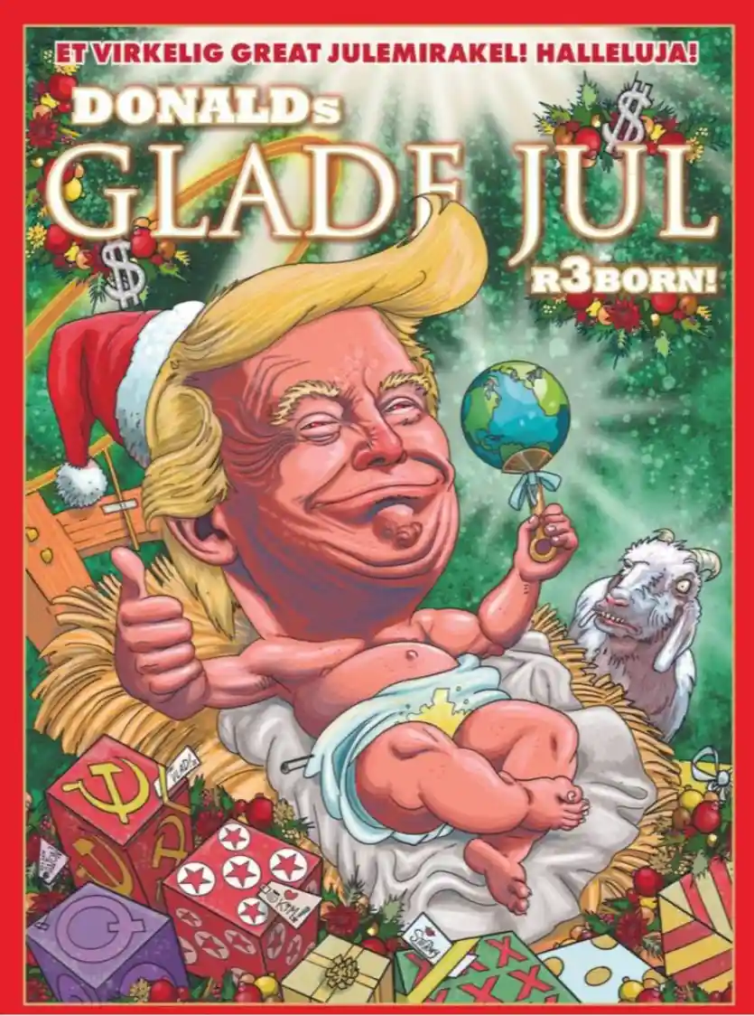 A cartoon image shows a caricature of Donald Trump as a baby in a manger, wearing a Santa hat and giving a thumbs-up while…