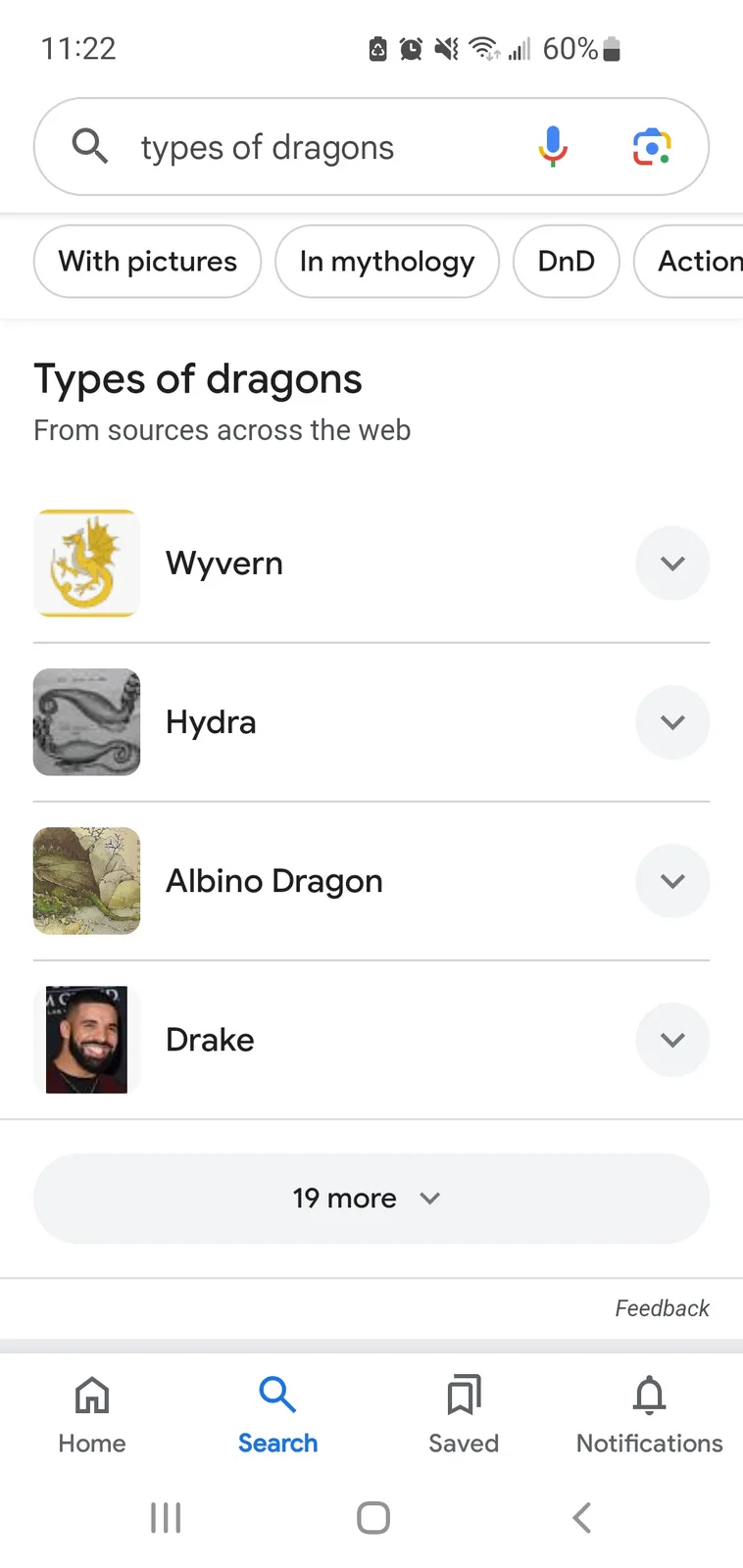 A Google search results page for 'types of dragons' shows a list including Wyvern, Hydra, Albino Dragon, and then humorously…