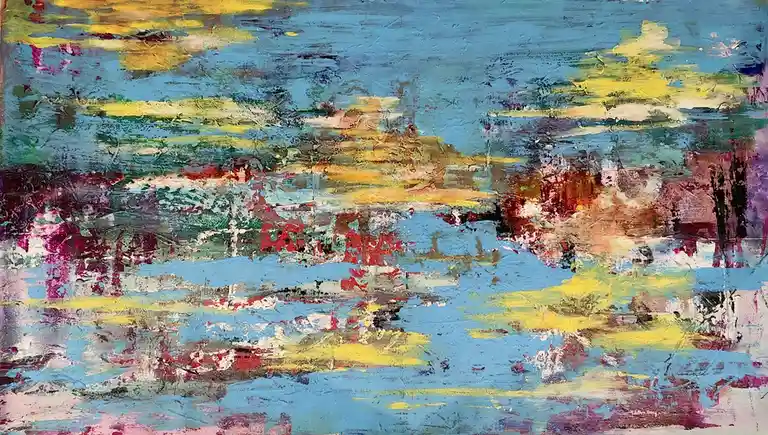 An abstract painting with thick, textured brushstrokes in blue, yellow, red, and purple, resembling a landscape. The…