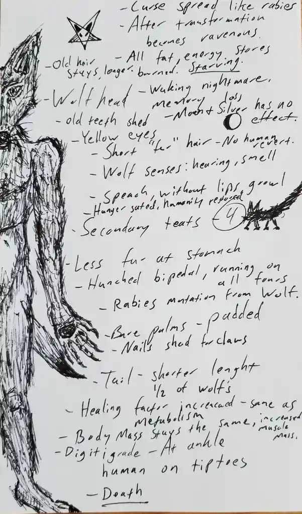 A hand-drawn sketch of a humanoid wolf creature with detailed handwritten notes listing its physical traits and curse…