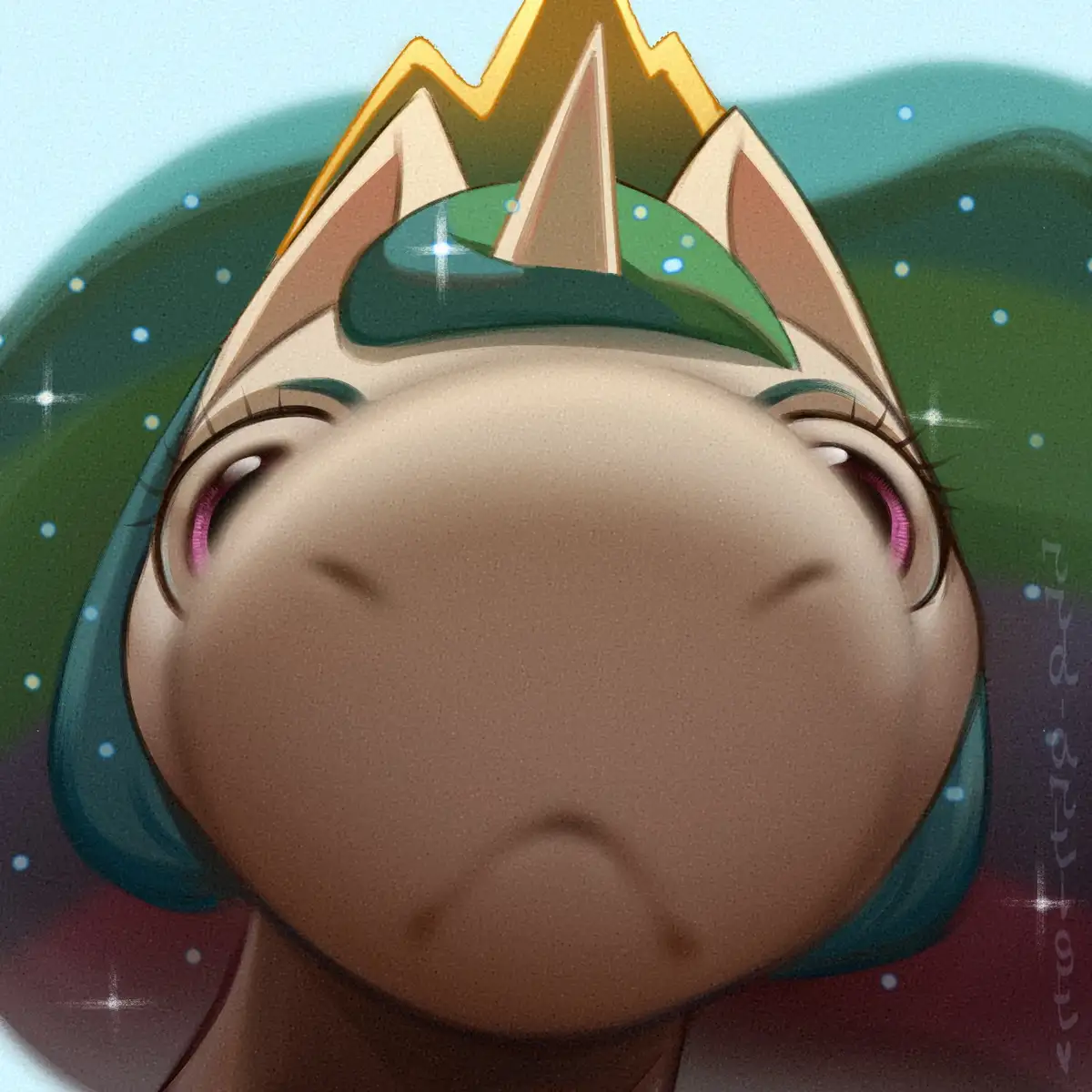 A close-up anime-style illustration of a cute, brown-skinned character with large, teary eyes and a downturned mouth…