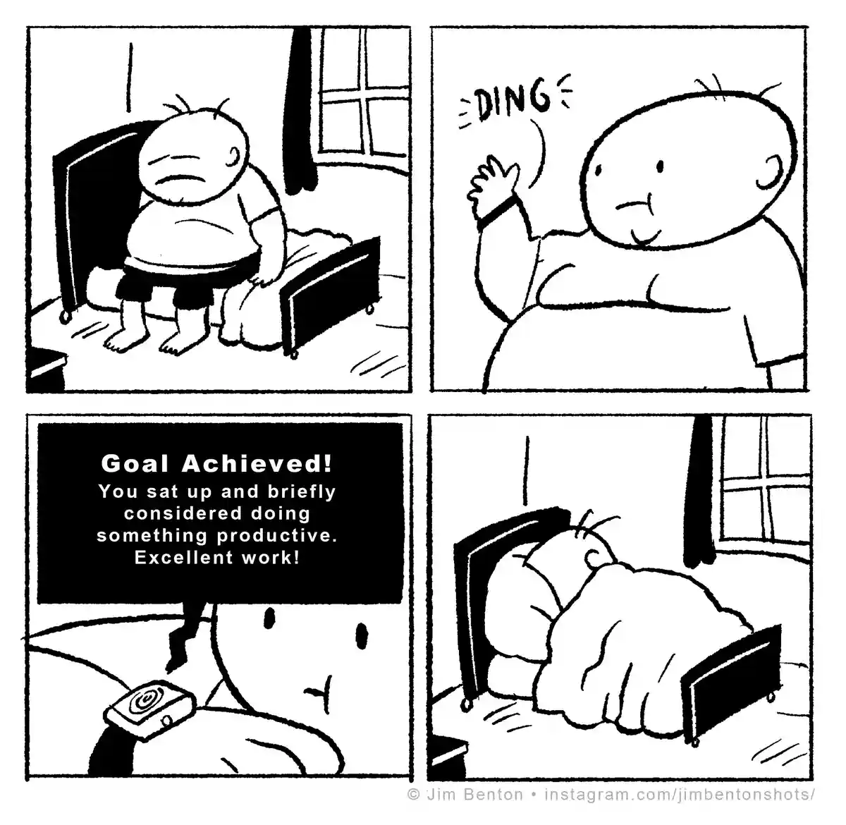 A four-panel comic shows a person in bed struggling to sit up, then briefly smiling after a 'DING' sound, followed by a…