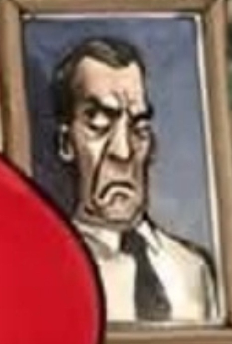 A framed cartoon portrait of a man with a deeply furrowed brow, downturned mouth, and intense, disappointed expression. A…
