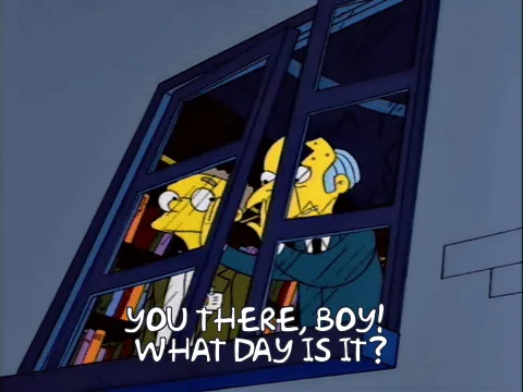 The image shows a six-panel comic strip from The Simpsons, featuring two yellow-skinned characters in suits looking out a…