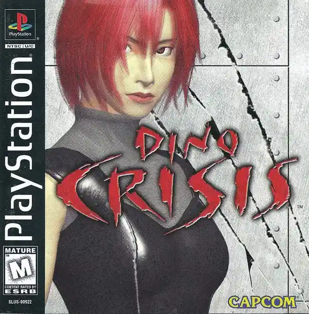 The image is the cover art for the PlayStation game 'Dino Crisis' by Capcom, featuring a woman with short red hair in a…