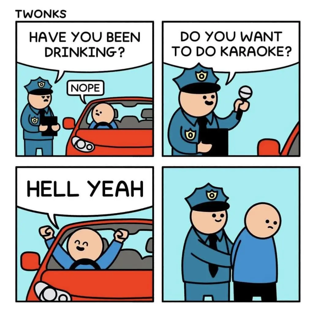 A four-panel comic strip by 'TWONKS' shows a police officer questioning a driver. In the first panel, the officer asks if…