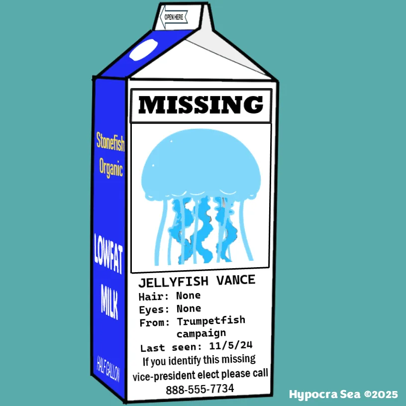 A cartoon half-gallon milk carton labeled 'Stonefish Organic Lowfat Milk' features a 'MISSING' poster on its front. The…
