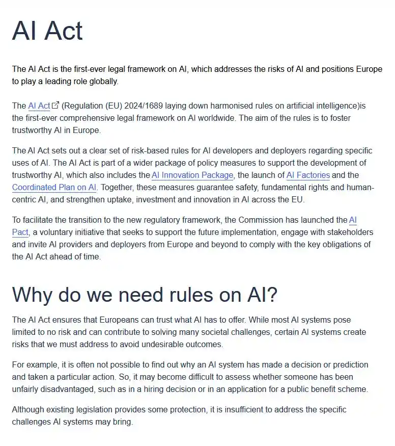 A screenshot of a government webpage titled 'AI Act' explaining the European Union's regulatory framework for artificial…