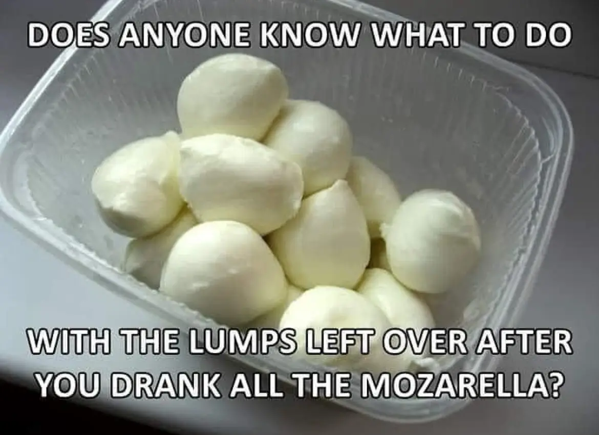 A clear plastic container holds several white, soft, rounded mozzarella cheese balls. Overlaid text in bold white font asks…