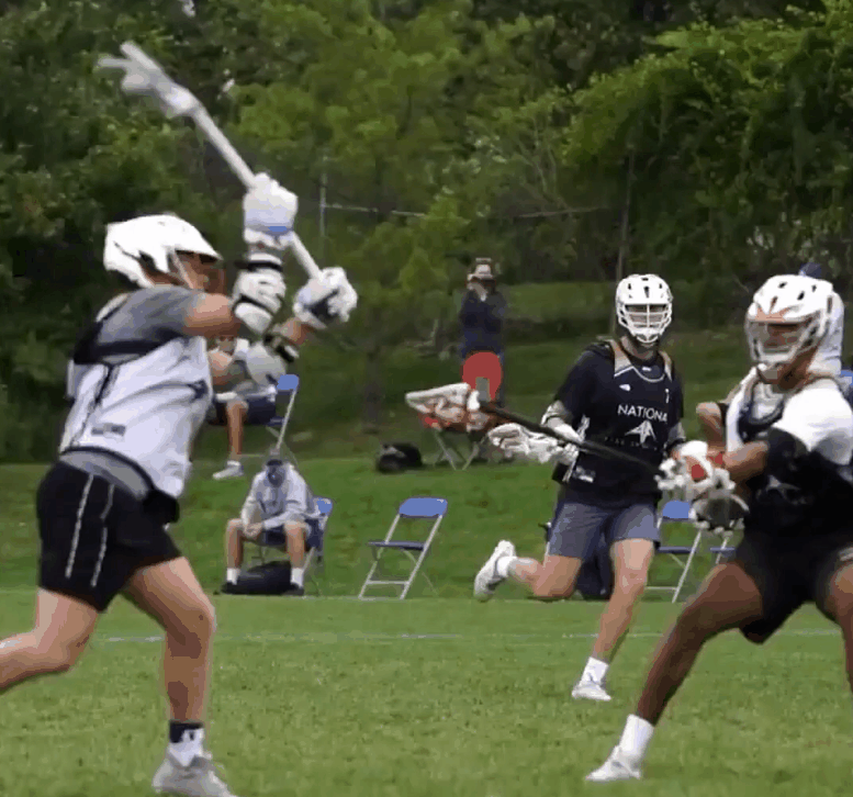 A six-panel sequence from a lacrosse game showing a player in a white jersey attempting a shot, the ball flying through the…