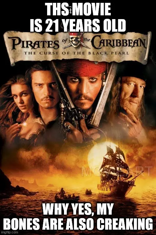 The image is a movie poster for 'Pirates of the Caribbean: The Curse of the Black Pearl' featuring characters Johnny Depp…