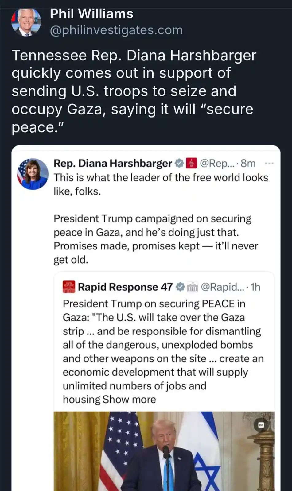 A screenshot of a tweet from Rep. Diana Harshbarger showing a photo of Donald Trump speaking at a podium with an American…