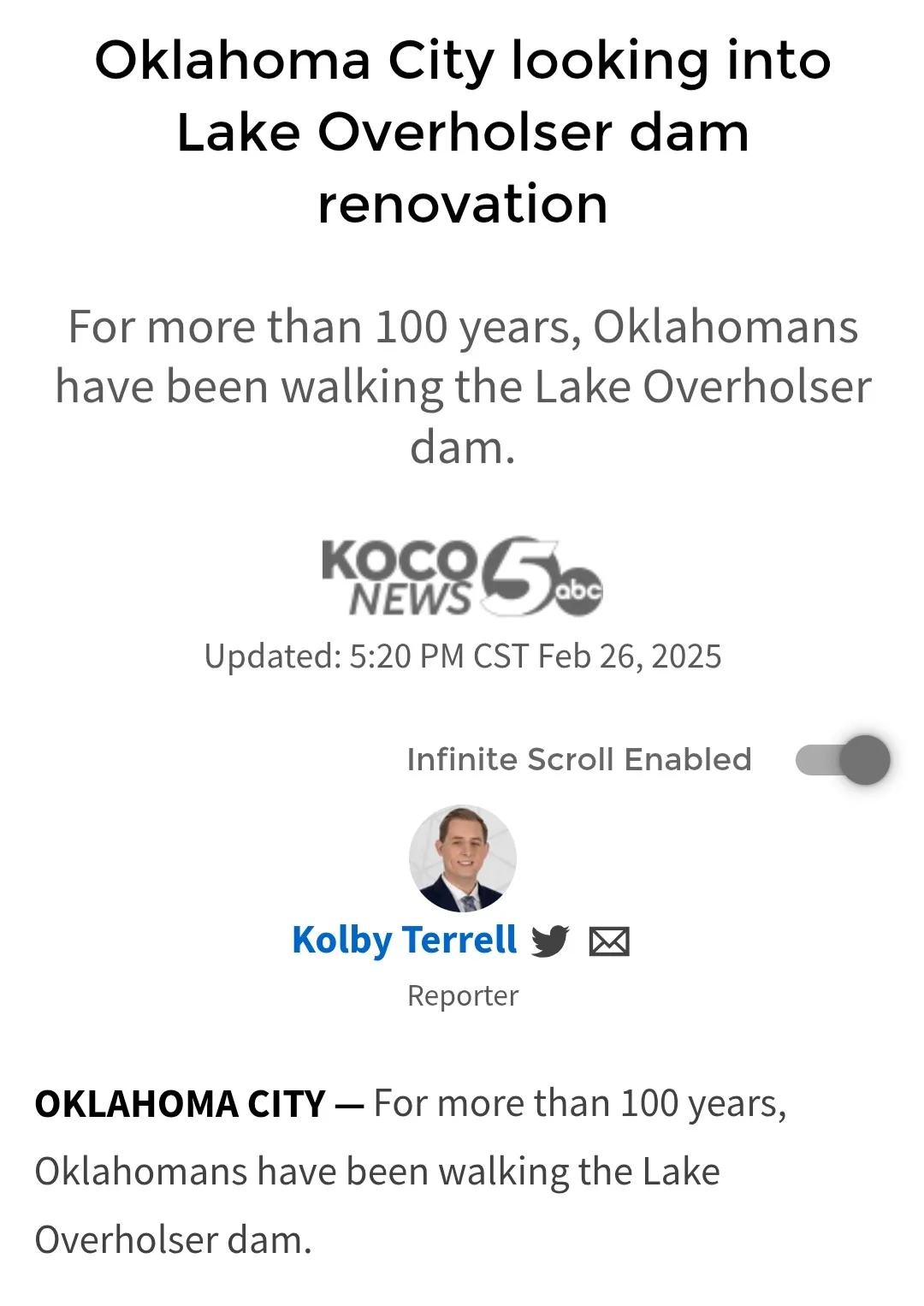 A screenshot of a KOCO 5 News article from February 26, 2025, about Oklahoma City considering a renovation of the Lake…