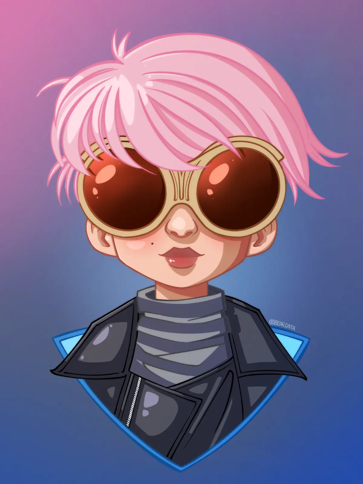 A cartoon-style bust of a person with short pink hair, wearing large round sunglasses and a black jacket with a high collar…