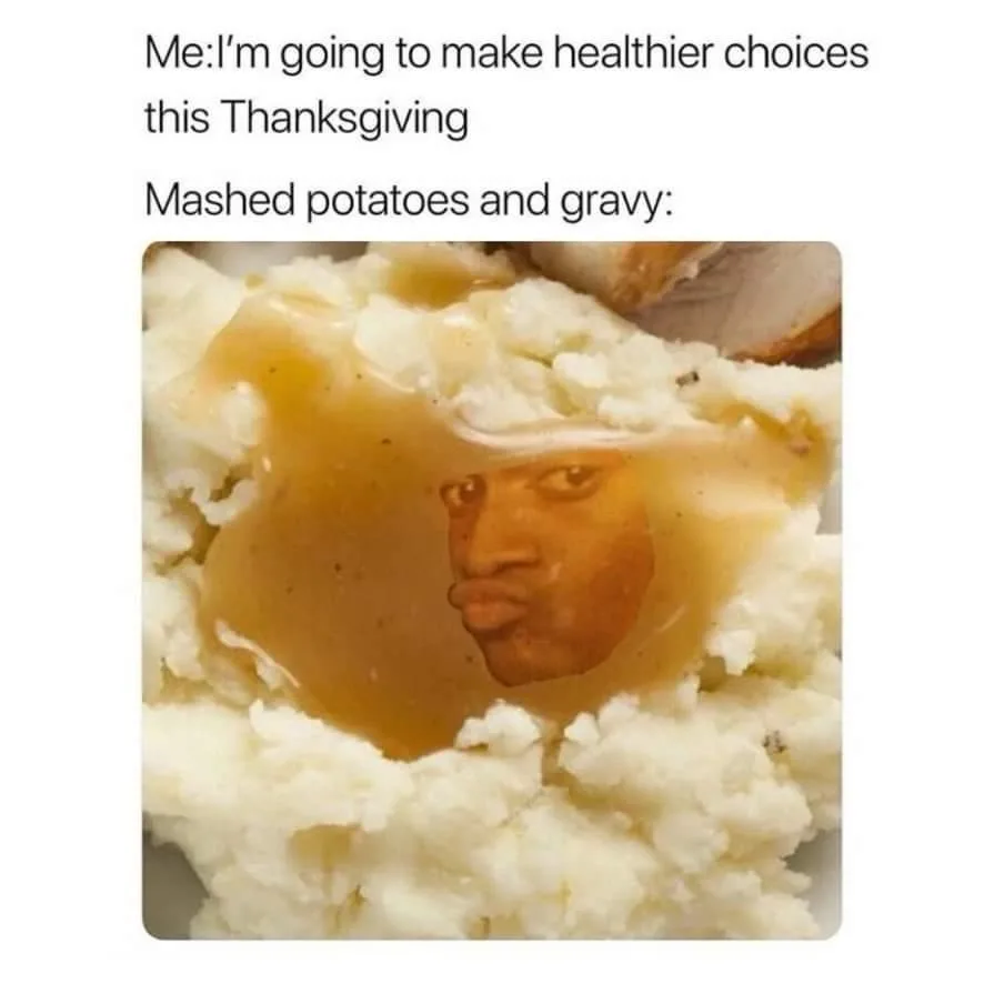 A close-up photo shows a scoop of mashed potatoes with brown gravy pooled on top. The gravy has a faint, distorted…