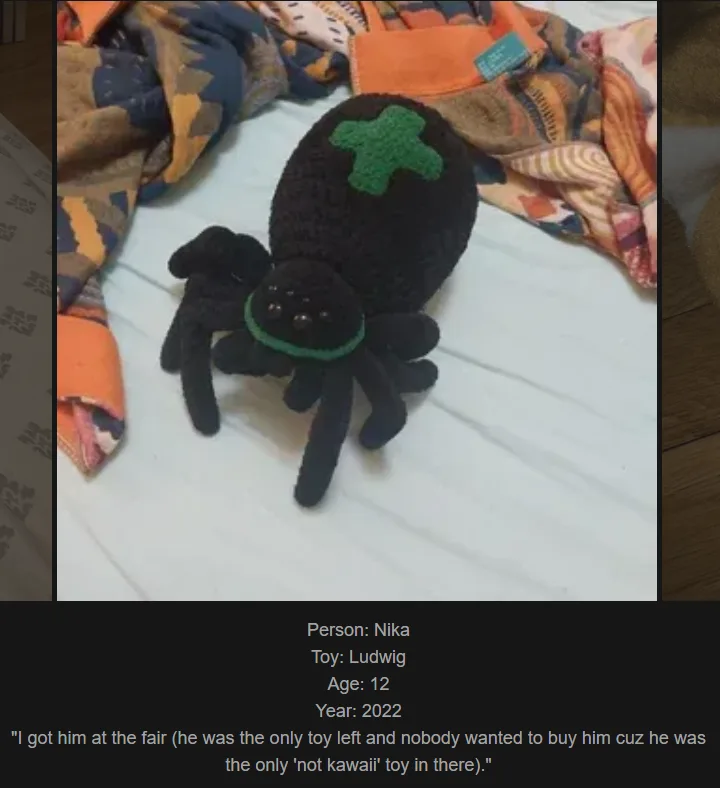 A black crocheted spider toy with a green cross on its back and a green collar sits on a white surface surrounded by…