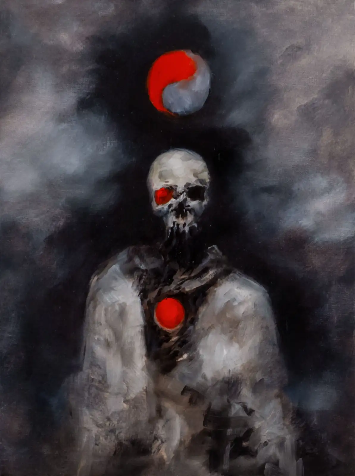 A dark, painterly image shows a skeletal figure with glowing red eyes and a red orb in its chest, balancing a red and gray…